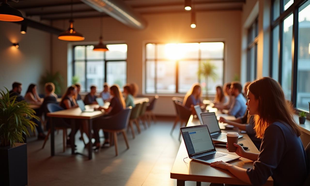 Egy nyüzsgő, mégis nyugodt co-working tér, ahol emberek dolgoznak laptopon, kávéval a kezükben, modern belső térrel