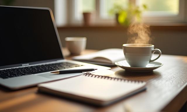 Laptop, jegyzetfüzet és egy gőzölgő kávé csésze egy modern, letisztult irodai asztalon, mely a munka és a kávé szinergiáját szimbolizálja.