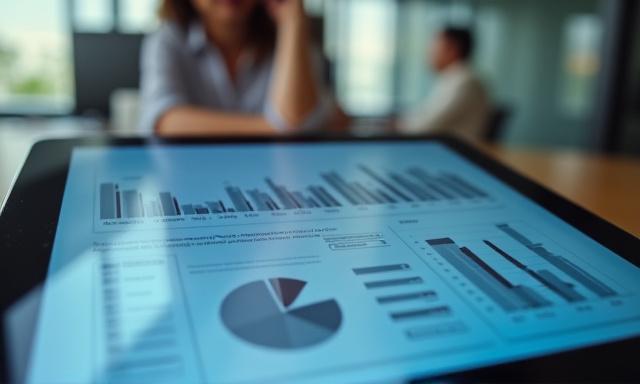 Grafikonok és diagramok egy táblagépen, háttérben egy üzletasszony elgondolkodva nézi a képernyőt, mely az 5 pénzügyi mutatós cikkre utal.