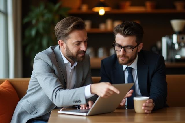 Két üzletember beszélget kényelmes kávézóban, háttérben kávéfőző