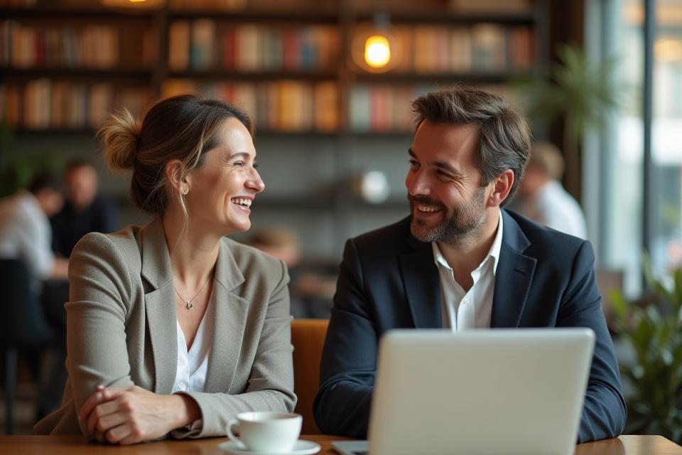 Két alapító beszélget egy modern, letisztult kávézóban, háttérben könyvek és egy tábla