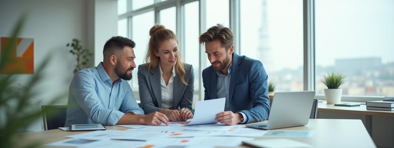 Tanácsadás hero kép, ahol szakértők találkoznak és üzleti terveket elemeznek, modern irodai környezetben