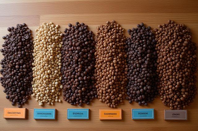 Különböző kávébabok bemutatása, egyenként felcímkézve eredetükkel