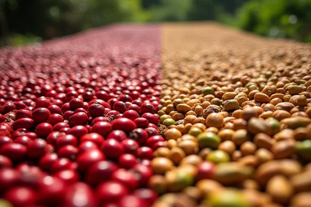 Kávébabok szárítása a napon, különböző feldolgozási módszereket illusztrálva
